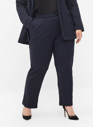 Kritstrecksrandiga byxor med raka ben, Navy Stripe, Model image number 3