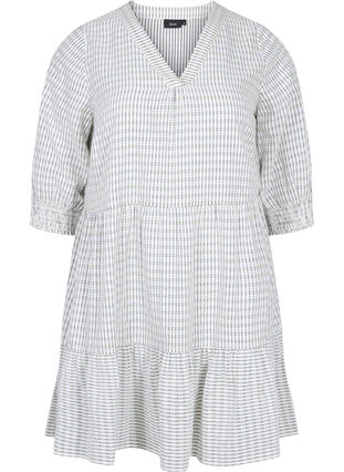 Mönstrad bomullsklänning med 3/4-ärmar och smock, White Check, Packshot image number 0