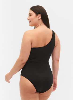 One-shoulder baddräkt med mesh, Black, Model image number 1
