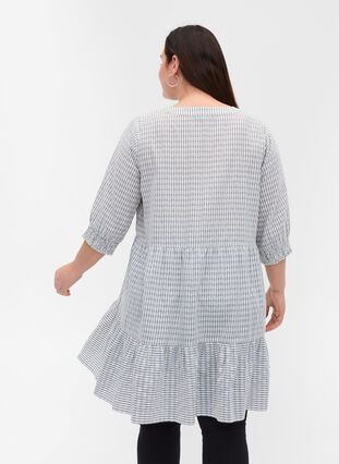 Mönstrad bomullsklänning med 3/4-ärmar och smock, White Check, Model image number 1