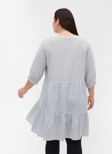 Mönstrad bomullsklänning med 3/4-ärmar och smock, White Check, Model image number 1