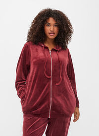 Velourtröja med dragkedja och huva, Cabernet, Model