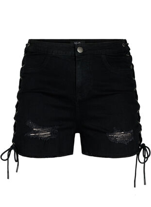 Denimshorts med slitna detaljer och snörning, Black Denim, Packshot image number 0