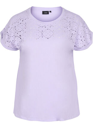 Löst sittande t-shirt med broderi anglaise, Lavender, Packshot image number 0