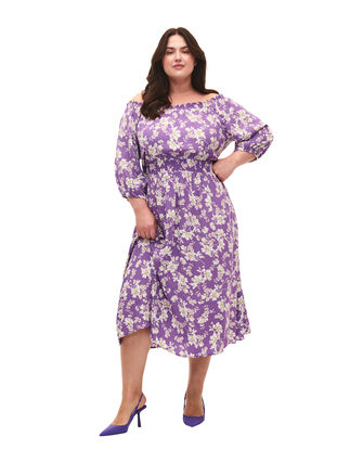Blommig off-shoulder midiklänning i viskos, Purple Flower AOP, Model image number 2