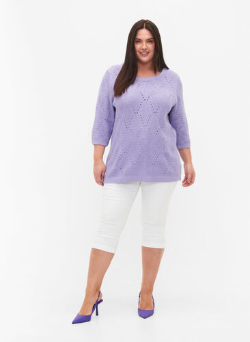 Stickad topp med 3/4-ärmar och hålmönster, Lavender, Model image number 3