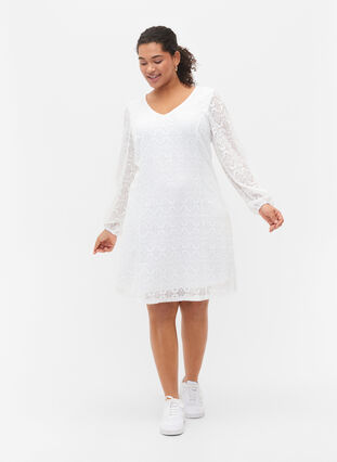 V-ringad klänning i spets med långa ärmar, Bright White, Model image number 2