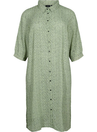 Prickig skjortklänning med 3/4-ärmar och slits, Seagrass Dot, Packshot image number 0