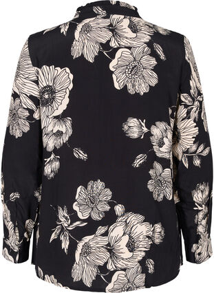 Blommig viskosskjorta med volanger, Black White AOP, Packshot image number 1