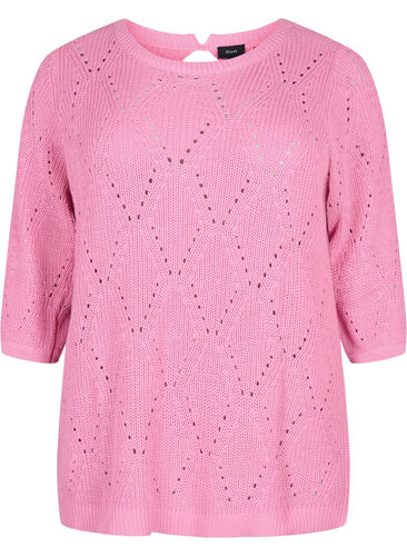 Stickad topp med 3/4-ärmar och hålmönster, Begonia Pink, Packshot image number 0