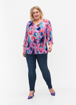 Plisserad blus med 3/4-ärmar, Lavender Space AOP, Model image number 2