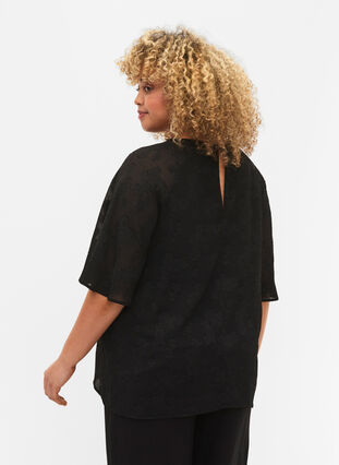 Kortärmad blus med struktur, Black, Model image number 1