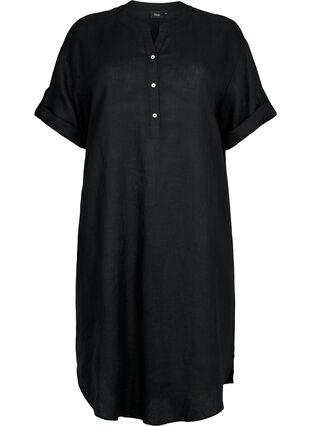 Kortärmad klänning i 100% linne, Black, Packshot image number 0
