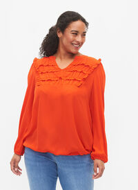 Långärmad blus med fransdetaljer, Orange.com, Model