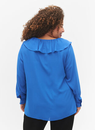 Långärmad blus med volang, Strong Blue, Model image number 1