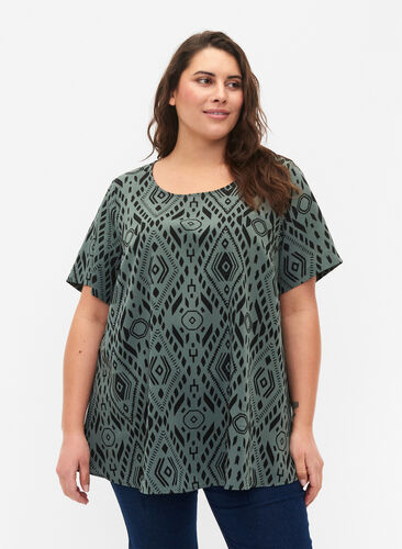 Blus med korta ärmar och tryck från FLASH, Balsam Graphic, Model image number 0