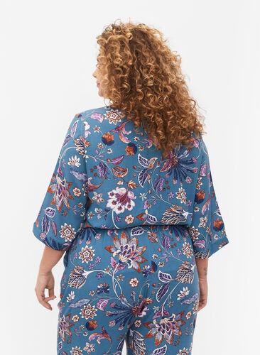 Mönstrad viskosblus med korta ärmar, Smoke Blue Paisley, Model image number 1