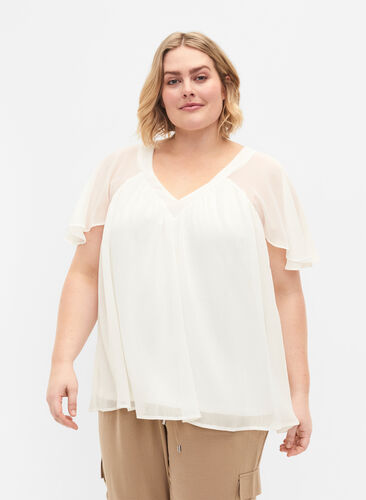 Enfärgad blus med fladdermusärmar och V-ringad hals, Warm Off-white, Model image number 0