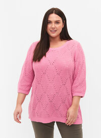 Stickad topp med 3/4-ärmar och hålmönster, Begonia Pink, Model