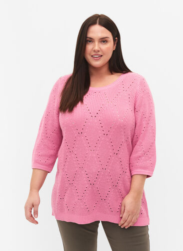 Stickad topp med 3/4-ärmar och hålmönster, Begonia Pink, Model image number 0