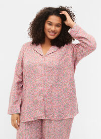 Pyjamasskjorta i bomull med blommönster, Powder Pink, Model