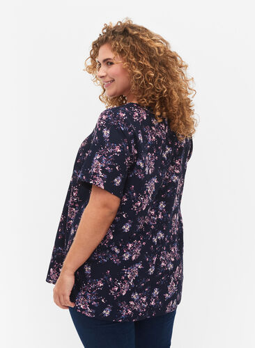 Blus med korta ärmar och tryck från FLASH, Navy Rose Flower, Model image number 1