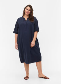 FLASH – Kortärmad midiklänning i bomull, Navy Blazer, Model