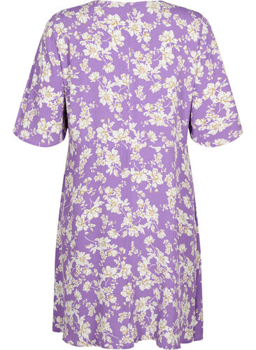 Klänning med halvlång ärm och blommigt tryck i viskos, Purple Flower AOP, Packshot image number 1