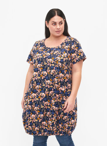 Kortärmad bomullsklänning med mönster, Blue Orange Flower, Model image number 0
