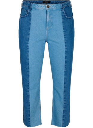 Croppade Vera jeans med colour block, Blue denim, Packshot image number 0