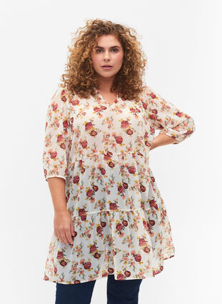 FLASH - Tryckt tunika med 3/4-ärmar, Off White Flower, Model image number 0