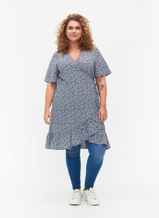 Blommig omlottklänning med korta ärmar, Petit Blue Flower, Model image number 2