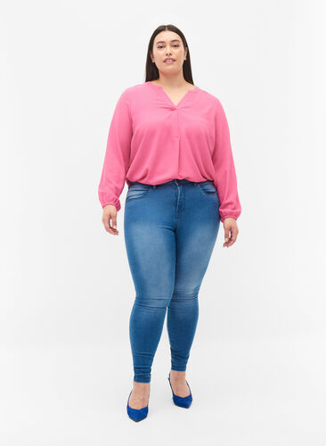 Enfärgad blus med v-hals, Shocking Pink, Model image number 2