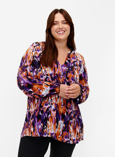 Långärmad viskosblus med tryck, Pansy AOP, Model image number 0