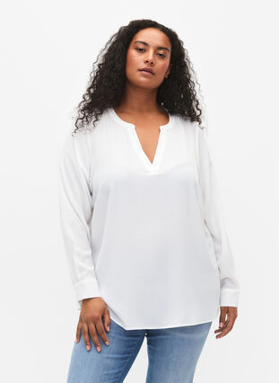 Långärmad blus med spetsdetalj , Bright White, Model image number 0