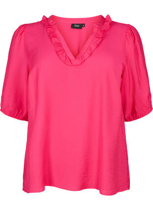 Blus i viskos med puffärm och volanger, Bright Rose, Packshot image number 0