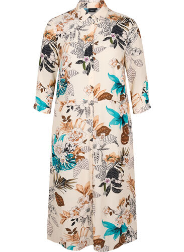 Blommig skjortklänning i viskos, Brown Flower AOP, Packshot image number 0