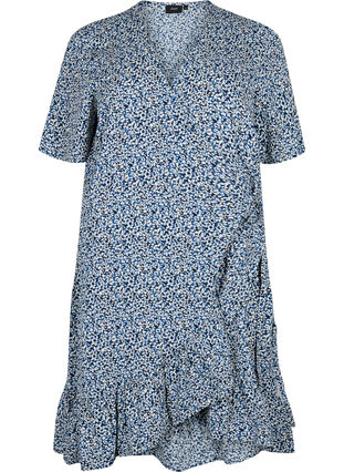 Blommig omlottklänning med korta ärmar, Petit Blue Flower, Packshot image number 0