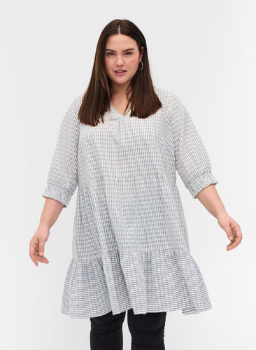 Mönstrad bomullsklänning med 3/4-ärmar och smock, White Check, Model image number 0