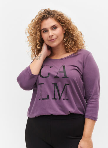 T-shirt i bomull med 3/4-ärmar, Vintage Violet, Model image number 0