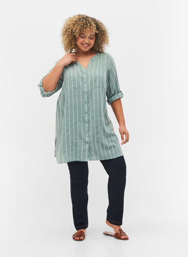Randig skjorta med V-ringad hals, Balsam Green Stripe, Model image number 2