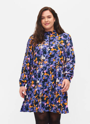 Blommig tunika med blixtlås, Purple Flower AOP, Model image number 0