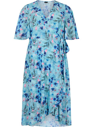 Blommig omlottklänning med korta ärmar, Trellis AOP, Packshot image number 0