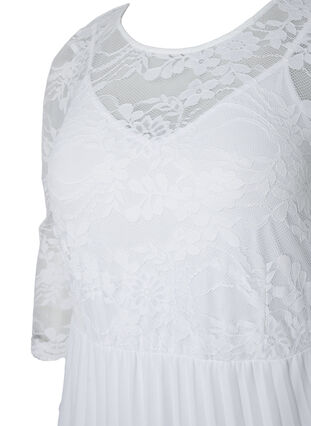 Plisserad klänning med spets och 3/4-ärmar, Bright White, Packshot image number 2