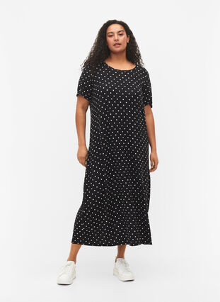 Midiklänning i viskos med korta ärmar, Black Dot, Model image number 0
