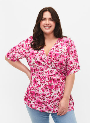 Omlott-blus i viskos, Pink Flower Rain, Model image number 0