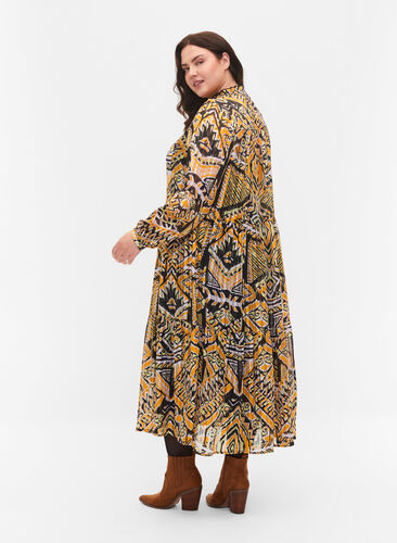 Mönstrad midiklänning med knappar, Yellow Aztec AOP, Model image number 1