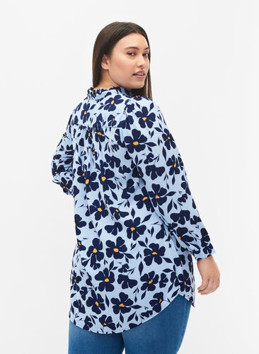Långärmad tunika med volangkrage, Flower AOP, Model image number 1