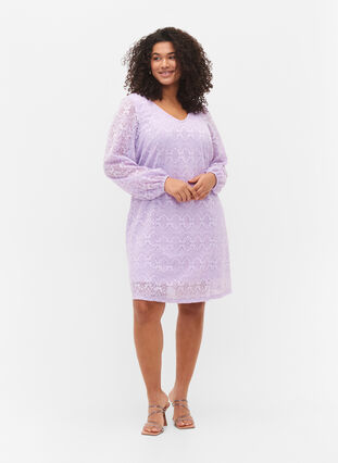 V-ringad klänning i spets med långa ärmar, Pastel Lilac, Model image number 3