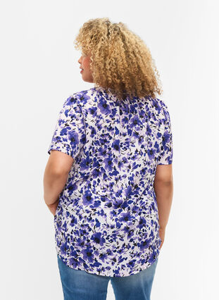 V-ringad blus med korta ärmar, Purple Small Flower, Model image number 1